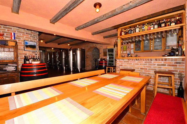 Wine cellar with a long tasting table